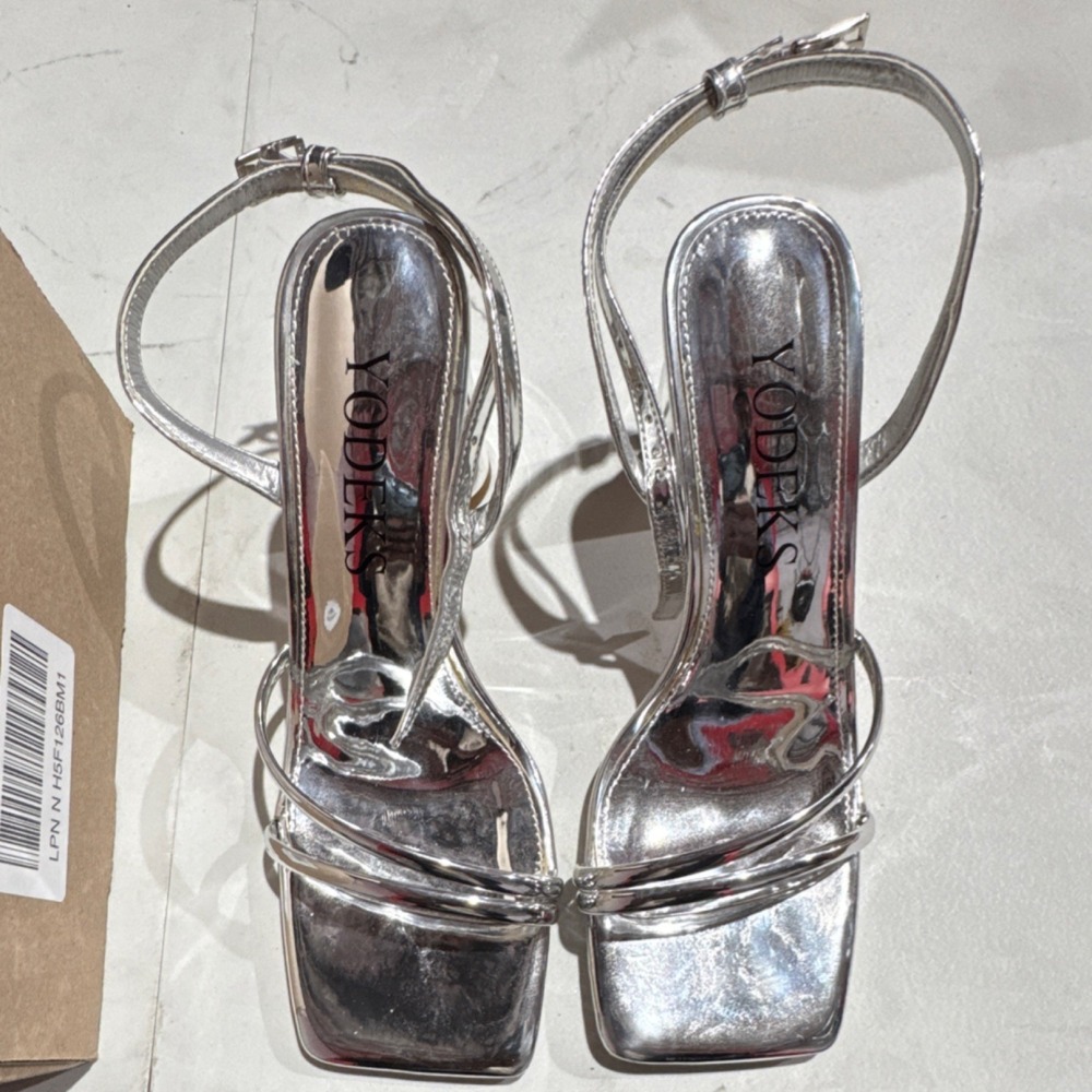 YODEKS Silver Strappy Block Heel Sandals Women's Ankle Strap Buckle Synthetic